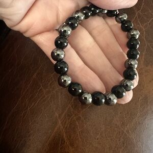 Handmade Hematite obsidian beaded Black and Silver stretch Bracelet for memory